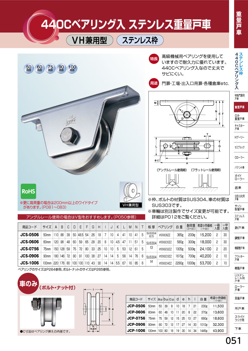 ヨコヅナ 440Cベアリング入 ステンレス重量戸車 JCS-1006 【100mm, VH兼用型, ステンレス枠】