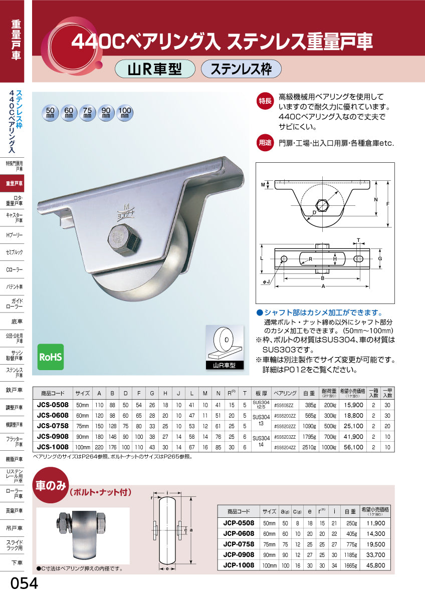 ヨコヅナ 440Cベアリング入 ステンレス重量戸車 JCS-0508 【50mm, 山R車型, ステンレス枠】