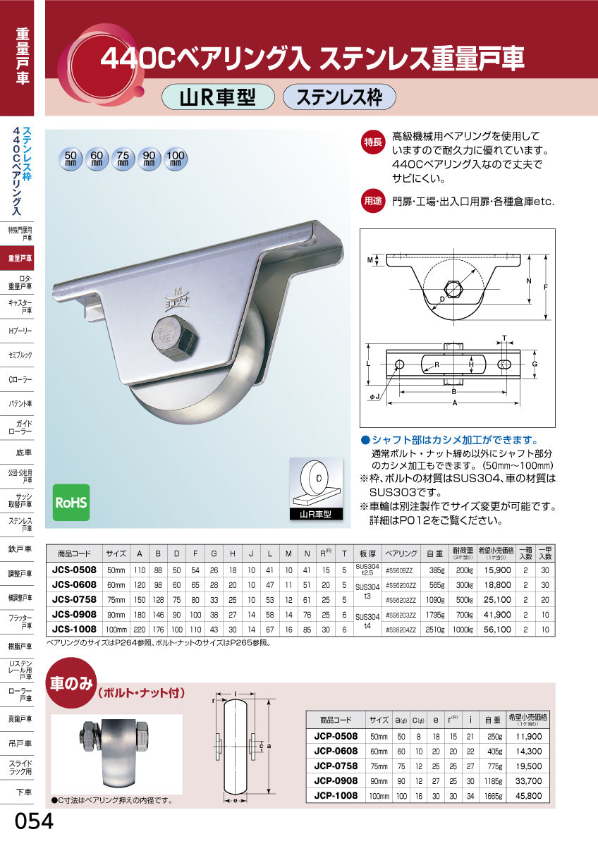 ヨコヅナ 440Cベアリング入 ステンレス重量戸車 JCS-0908 【90mm, 山R車型, ステンレス枠】