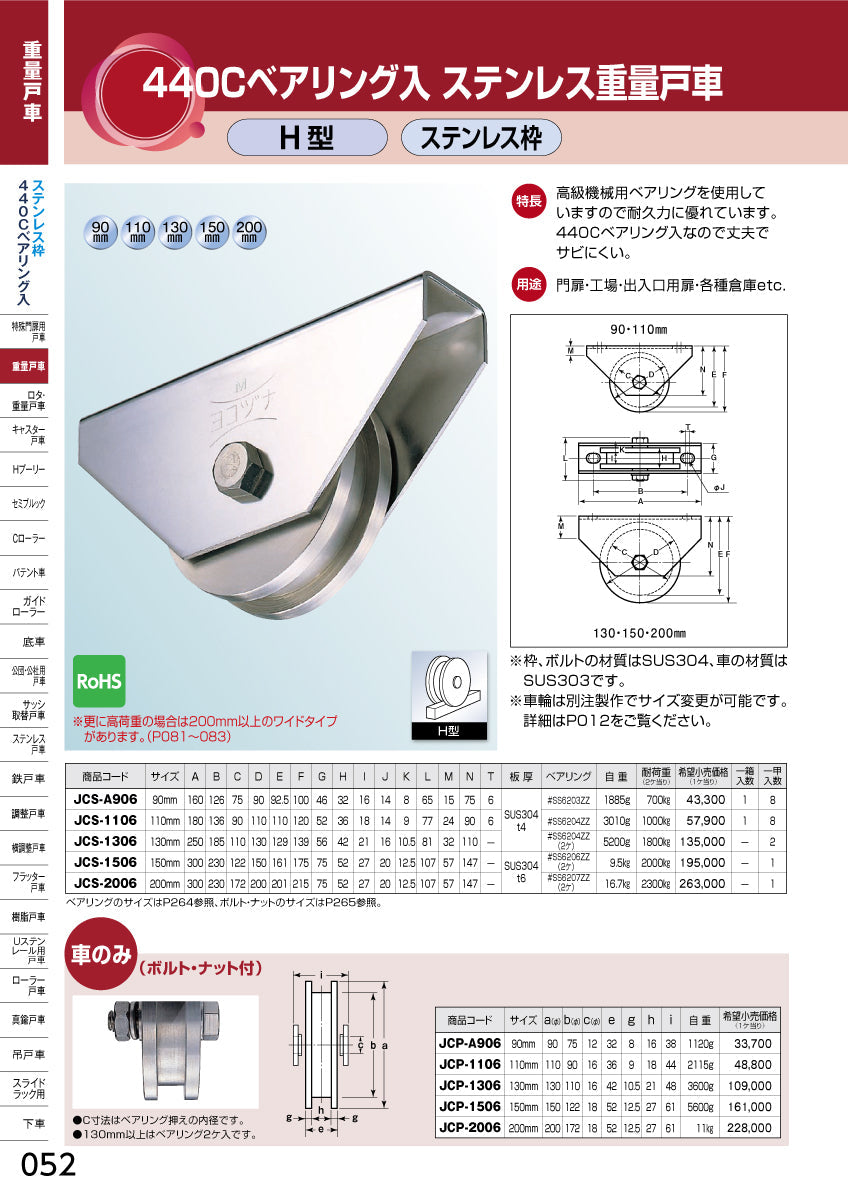 ヨコヅナ 440Cベアリング入 ステンレス重量戸車 JCS-1306 【130mm, H型, ステンレス枠】
