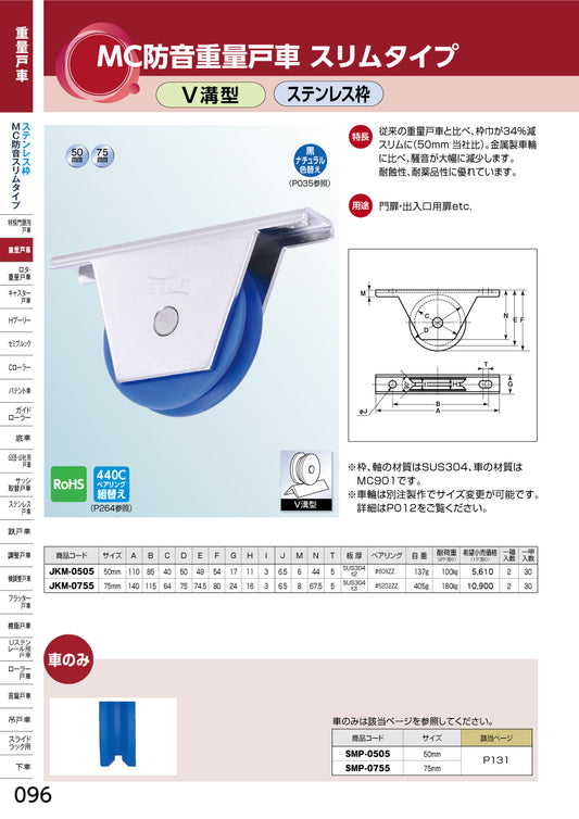 ヨコヅナ MC防音重量戸車 スリムタイプ JKM-0505 【50mm, V溝型, ステンレス枠】