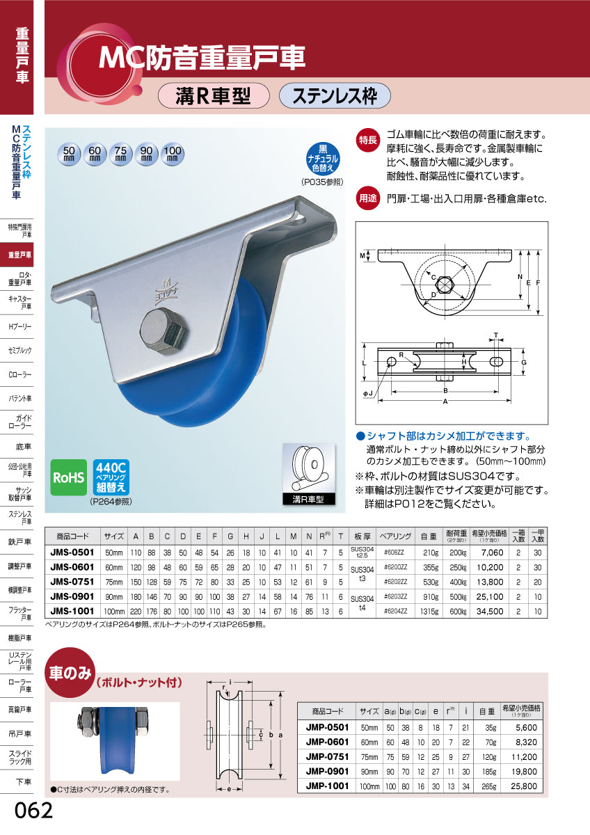 ヨコヅナ MC防音重量戸車 JMS-0901 【90mm, 溝R車型, ステンレス枠】