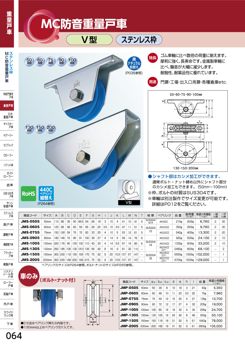 ヨコヅナ MC防音重量戸車 JMS-0755 【75mm, V型, ステンレス枠】