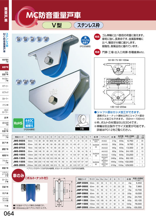 ヨコヅナ MC防音重量戸車 JMS-1005 【100mm, V型, ステンレス枠】