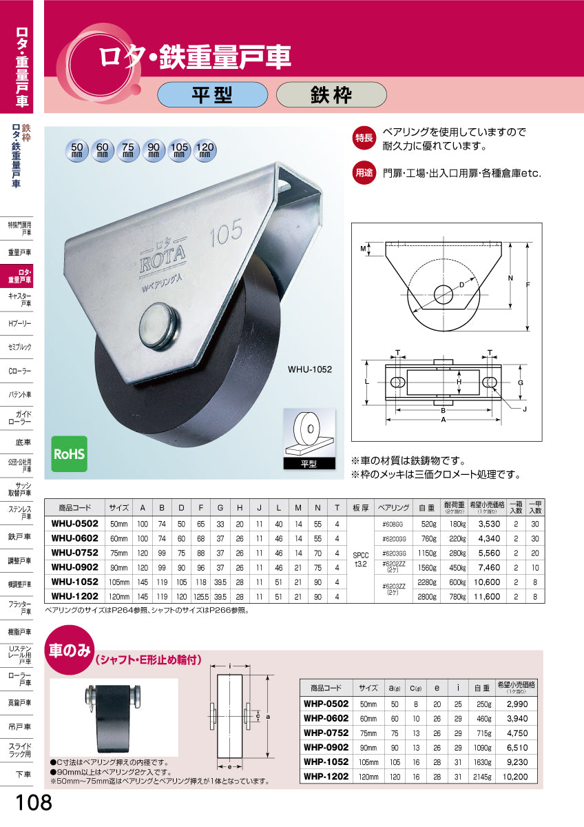 ヨコヅナ ロタ・鉄重量戸車 WHU-0902 【90mm, 平型, 鉄枠, ROTA】