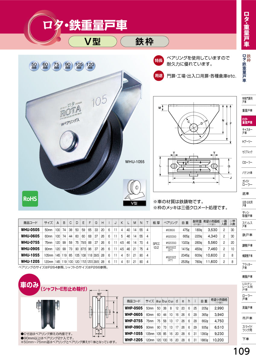 ヨコヅナ ロタ・鉄重量戸車 WHU-0605 【60mm, V型, 鉄枠, ROTA】