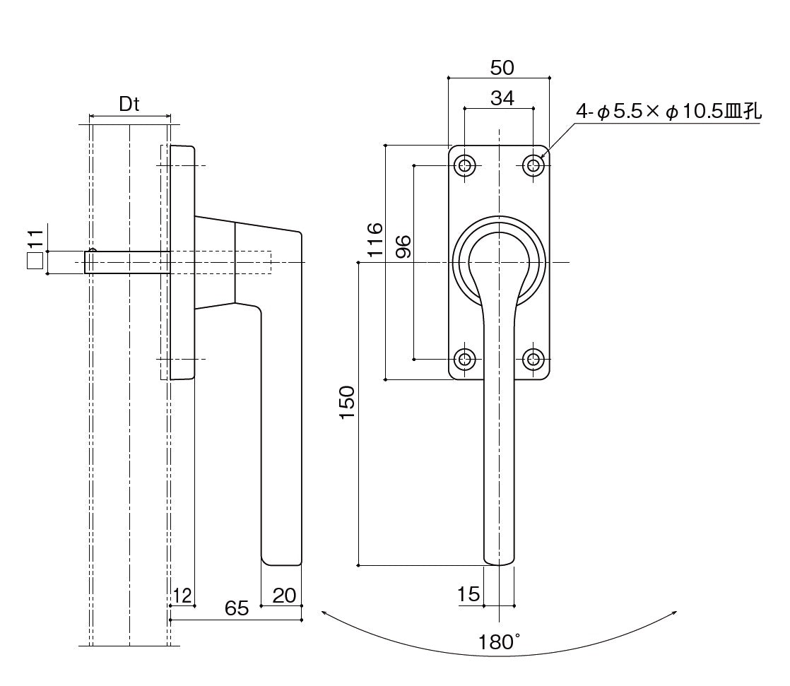 中西産業(Nakanishi) グレモンハンドル DC-X-180-DH (片面角軸固定) 〈※受注生産品〉