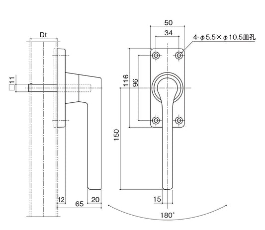 中西産業(Nakanishi) グレモンハンドル DC-X-180-DH (片面角軸固定) 〈※受注生産品〉