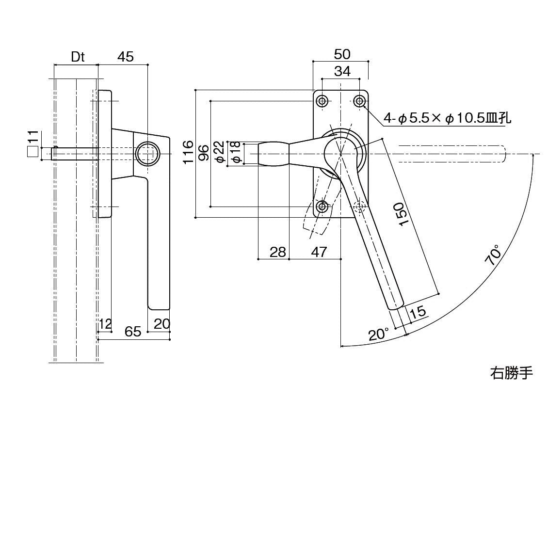 中西産業(Nakanishi) ローラー付きグレモンハンドル DC-X-181RO-DH (片面角軸固定) 〈※受注生産品〉