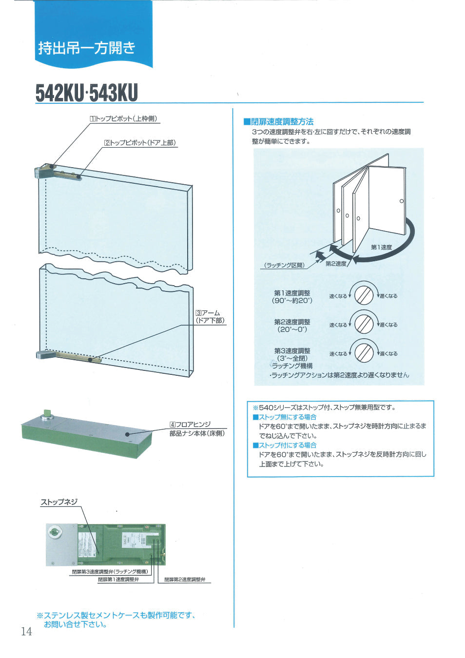 大鳥機工 フロアヒンジ 543KU 【ストップ兼用型, 持出吊り・一方開き(一方180°開き), 一般ドア用, DIA】