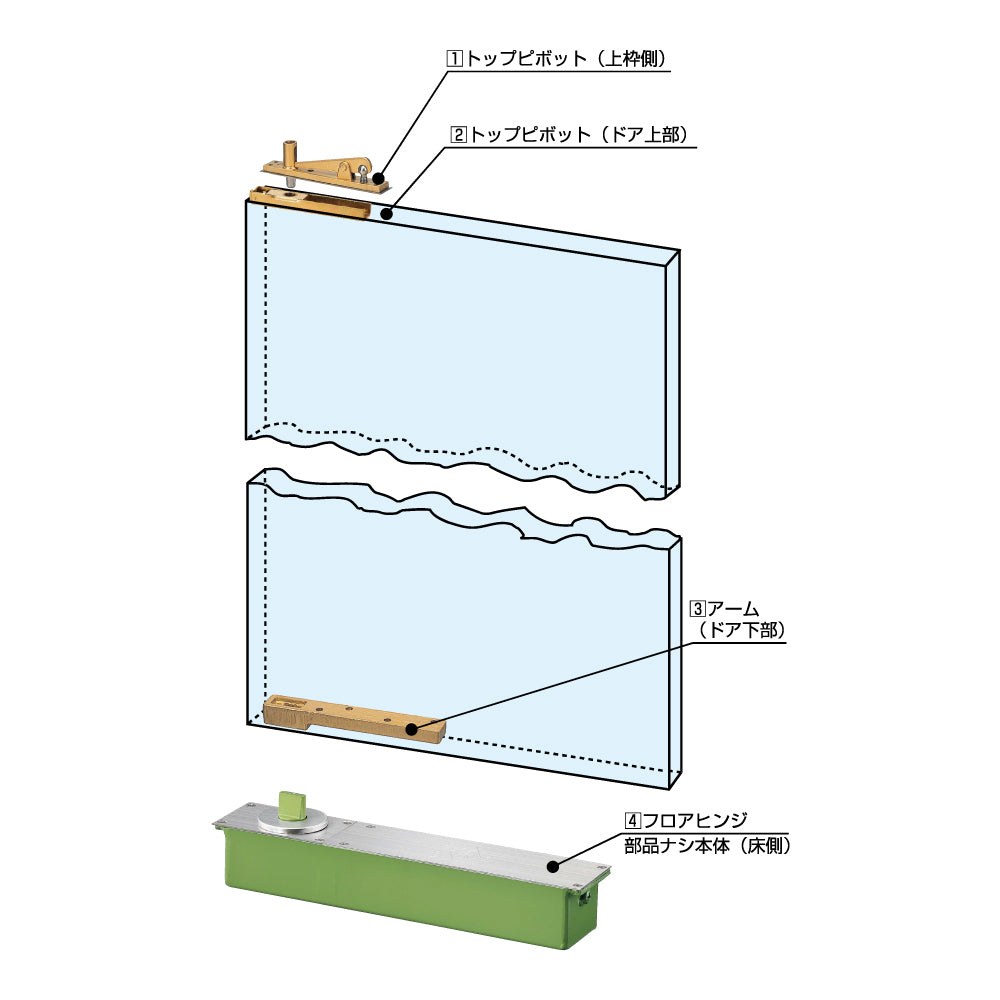 大鳥機工 フロアヒンジ 702 【ストップ無し, 中心吊り・自由開き(内外110°開き), 一般ドア用, DIA】