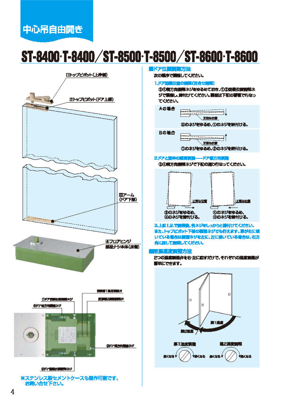 大鳥機工 フロアヒンジ ST-8600 【ストップ付き, 中心吊り, 自由開き(内外110°), 一般ドア用, DIA】