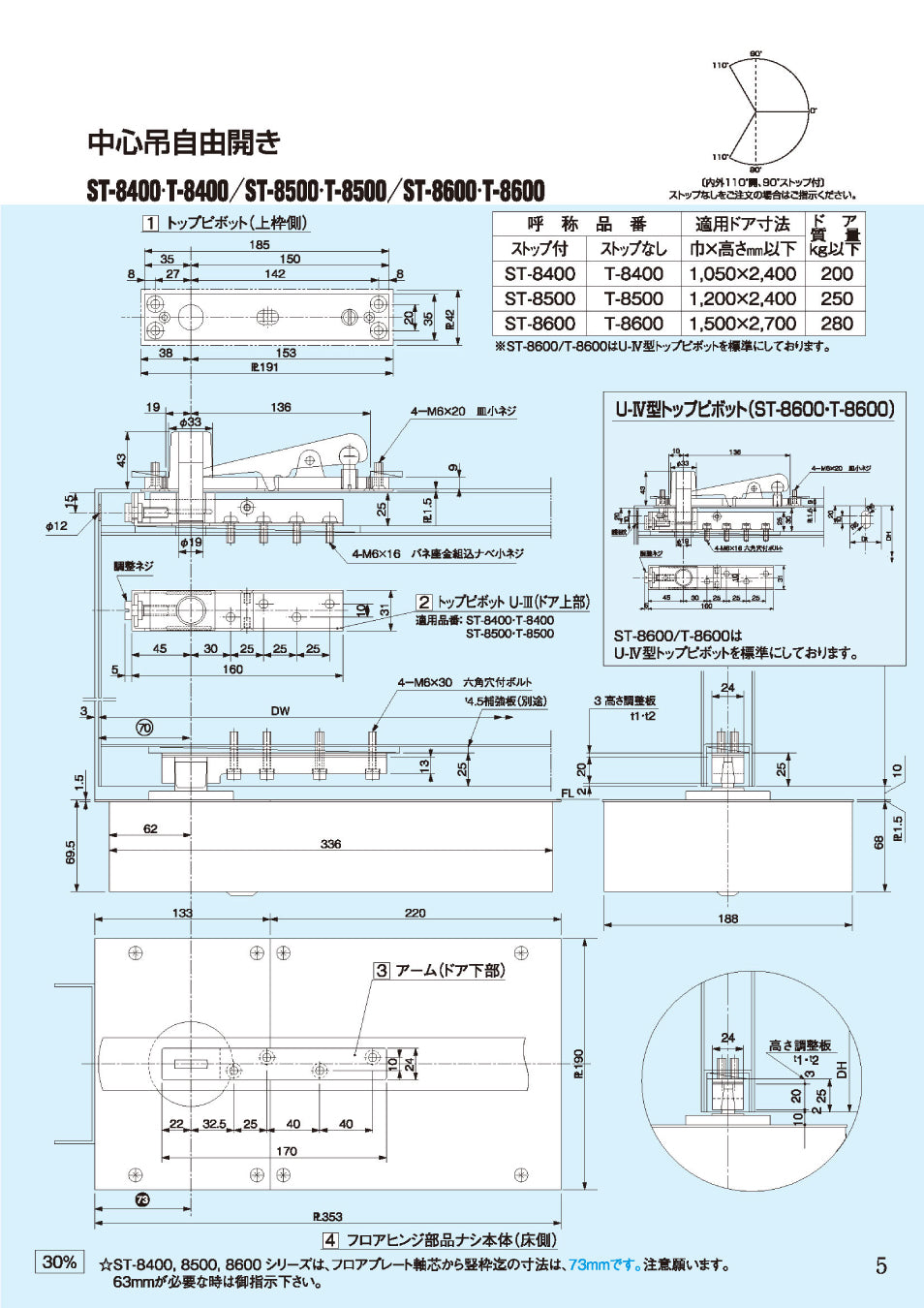 大鳥機工 フロアヒンジ ST-8400 【ストップ付き, 中心吊り, 自由開き(内外110°), 一般ドア用, DIA】