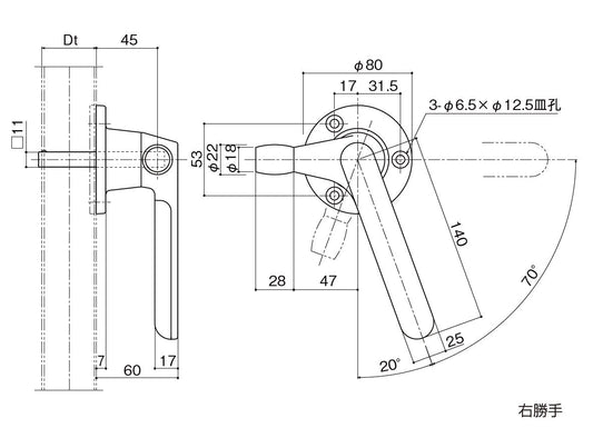 中西産業(Nakanishi) ローラー付きグレモンハンドル DC-X-191RO-DH (片面角軸固定) 〈※受注生産品〉