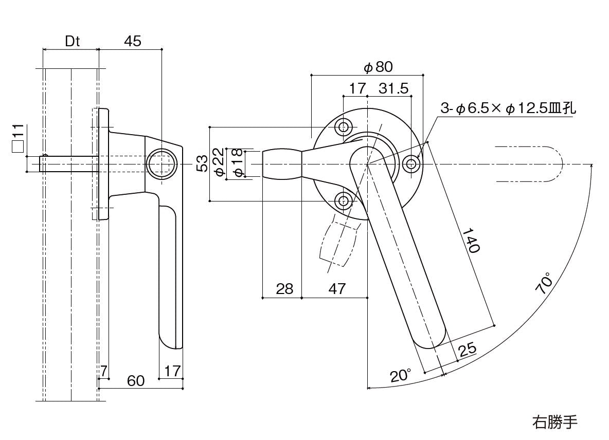 中西産業(Nakanishi) ローラー付きグレモンハンドル SUS-X-191RO-DH (片面角軸固定) 〈※受注生産品〉