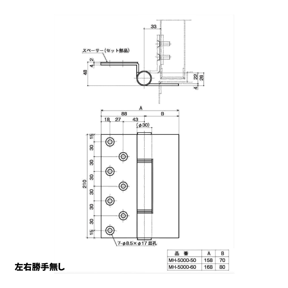 【納まり図】中西産業(Nakanishi) 大型 3管丁番 MH-5000-60 〈※受注生産品〉