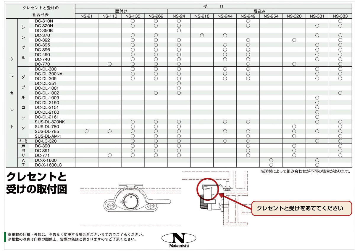 中西産業 AT窓用キー付きクレセント DC-X-1600LC【Nakanishi】
