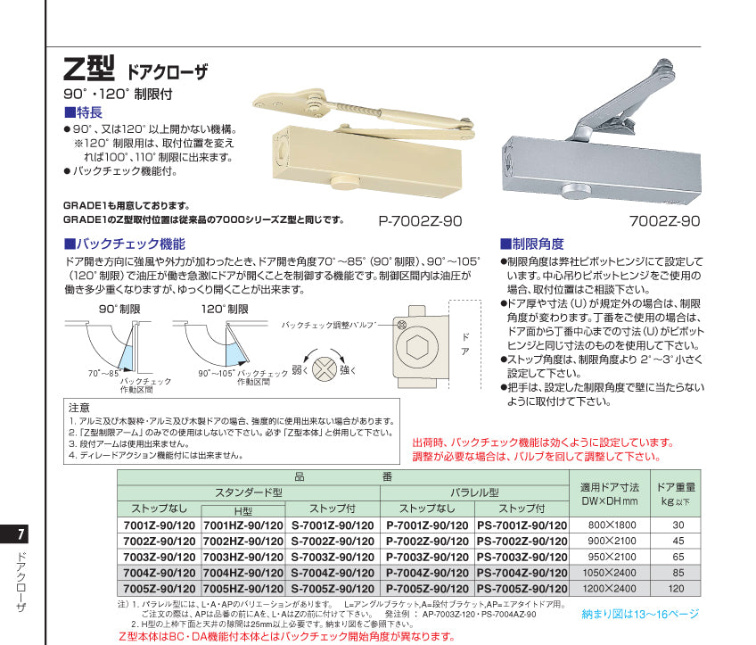 ニュースター 角度制限付きドアクローザー 7001Z-90/120 【スタンダード型, ストップ無し, 7000シリーズ, Z型, NEWSTAR, ドアチェック】