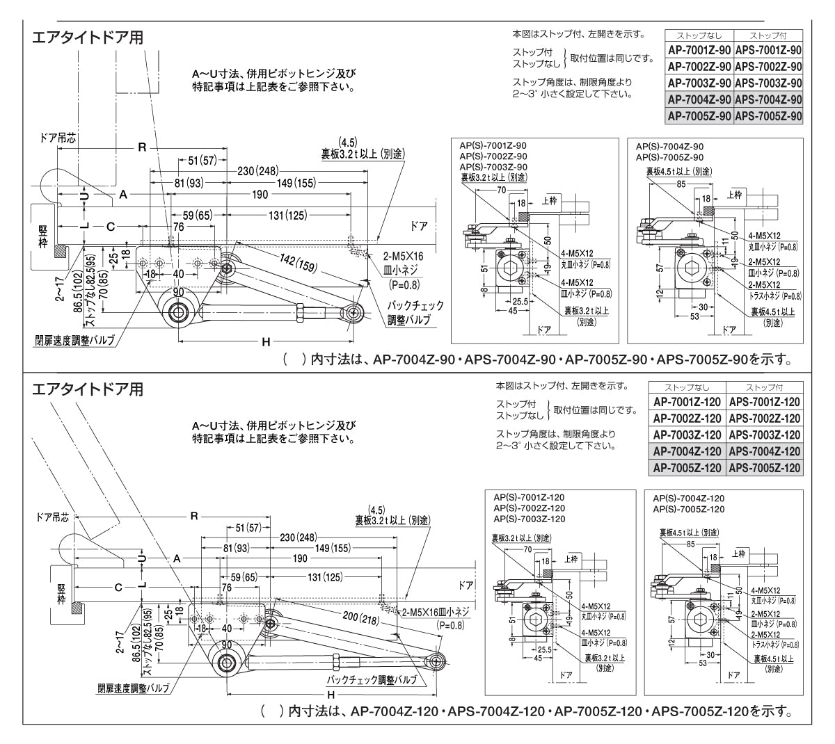 ニュースター 角度制限付きドアクローザー APS-7002Z-90 / 120(エアタイトドア用) 【パラレル型, ストップ付き, 7000シリーズ, Z型, NEWSTAR, ドアチェック】