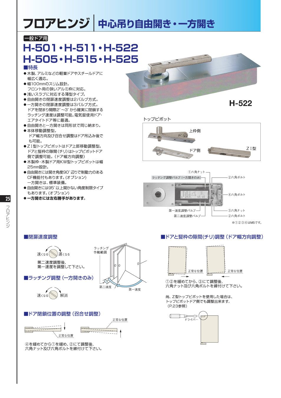 ニュースター フロアヒンジ H-522 / H-522 ZⅠ 【ストップ無し, 中心吊り・自由開き(内外120°開き), 一般ドア用, NEWSTAR】