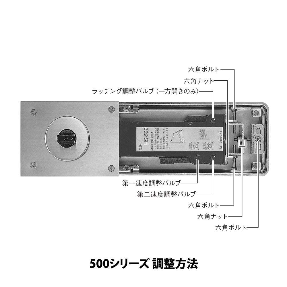 ニュースター 廃番フロアヒンジ HS-315 埋替品(斫り替え品) HS-515CHH 【ストップ付き, 中心吊り, 一方開き(一方120°開き), 一般ドア用, NEWSTAR】