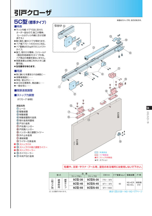 ニュースター 引戸クローザー 5C型(製品一式) 【標準タイプ, 標準枠用, スライディングドアクローザー, NEWSTAR】