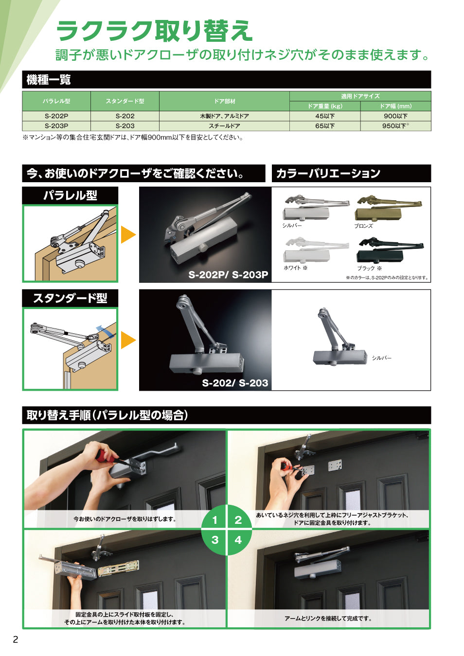 リョービ 取替用ドアクローザー S-202P 【ストップ切替型, パラレル型, 木製・アルミ製ドア用, 万能型, RYOBI】