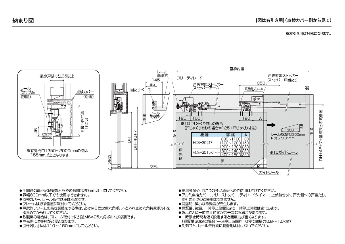 ダイケン スライデックス HCS-30KTF（製品一式） 【L=2200, ストップ付き, 傾斜式, 木製扉用, 引き戸クローザー, DAIKEN】