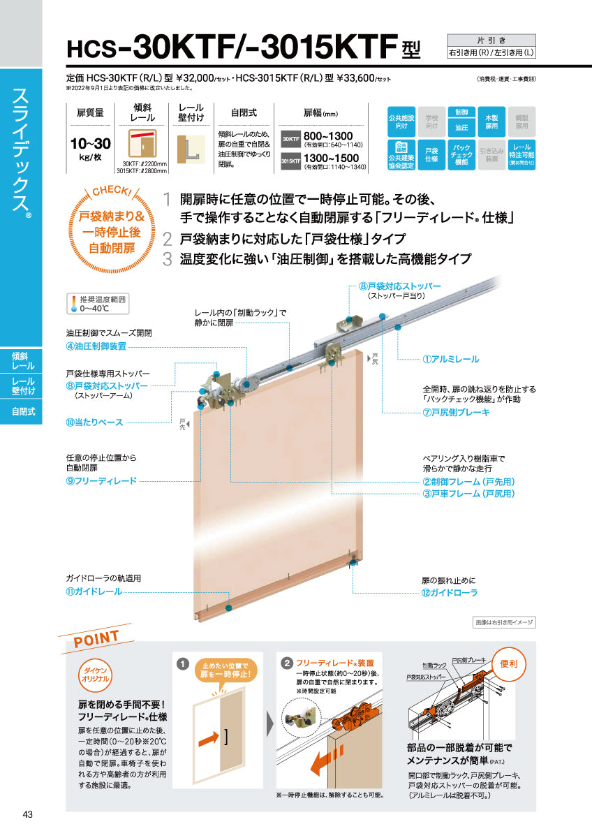 ダイケン スライデックス HCS-30KTF（製品一式） 【L=2200, ストップ付き, 傾斜式, 木製扉用, 引き戸クローザー, DAIKEN】