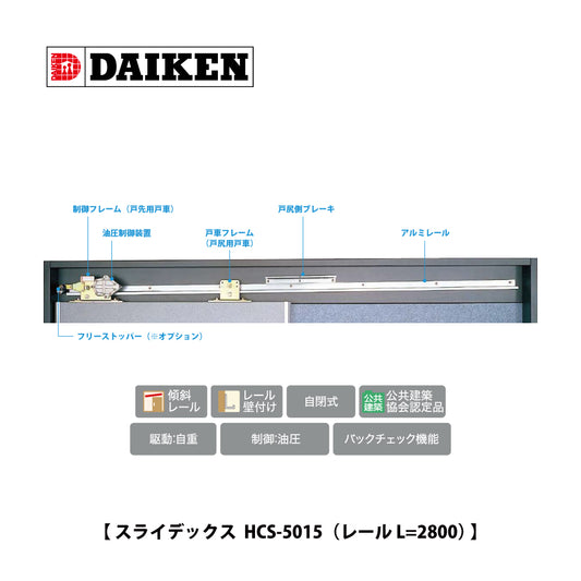 ダイケン スライデックス HCS-5015（レール L=2800） 【傾斜式, 木製・鋼製扉用, 引き戸クローザー製品一式, DAIKEN】