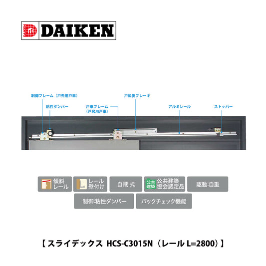 ダイケン スライデックス HCS-C3015N（レール L=2800）【ストップ付き, 傾斜式, 木製扉用, 引き戸クローザー製品一式, DAIKEN】