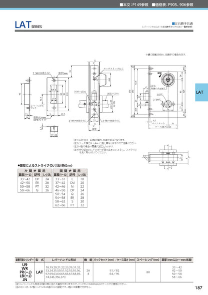 美和ロック レバーハンドル錠（自動施錠タイプ） U9 LAT23-2A 片開き用 SV【外側 シリンダー・内側 なし, 23タイプ, LATシリーズ, ミワ, MIWA】