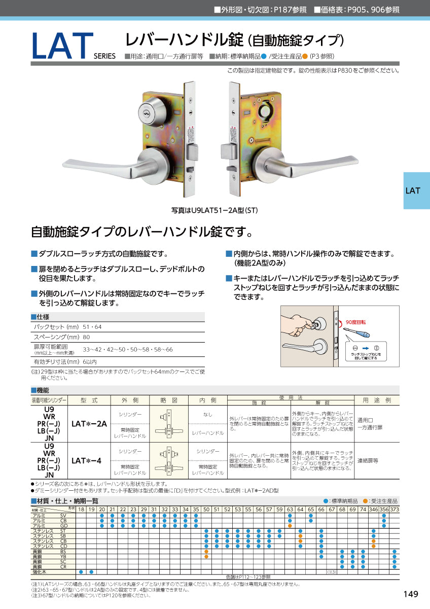 美和ロック レバーハンドル錠（自動施錠タイプ） U9 LAT23-2A 片開き用 SV【外側 シリンダー・内側 なし, 23タイプ, LATシリーズ, ミワ, MIWA】