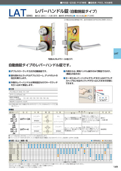 美和ロック レバーハンドル錠（自動施錠タイプ） U9 LAT23-2A 片開き用 SV【外側 シリンダー・内側 なし, 23タイプ, LATシリーズ, ミワ, MIWA】