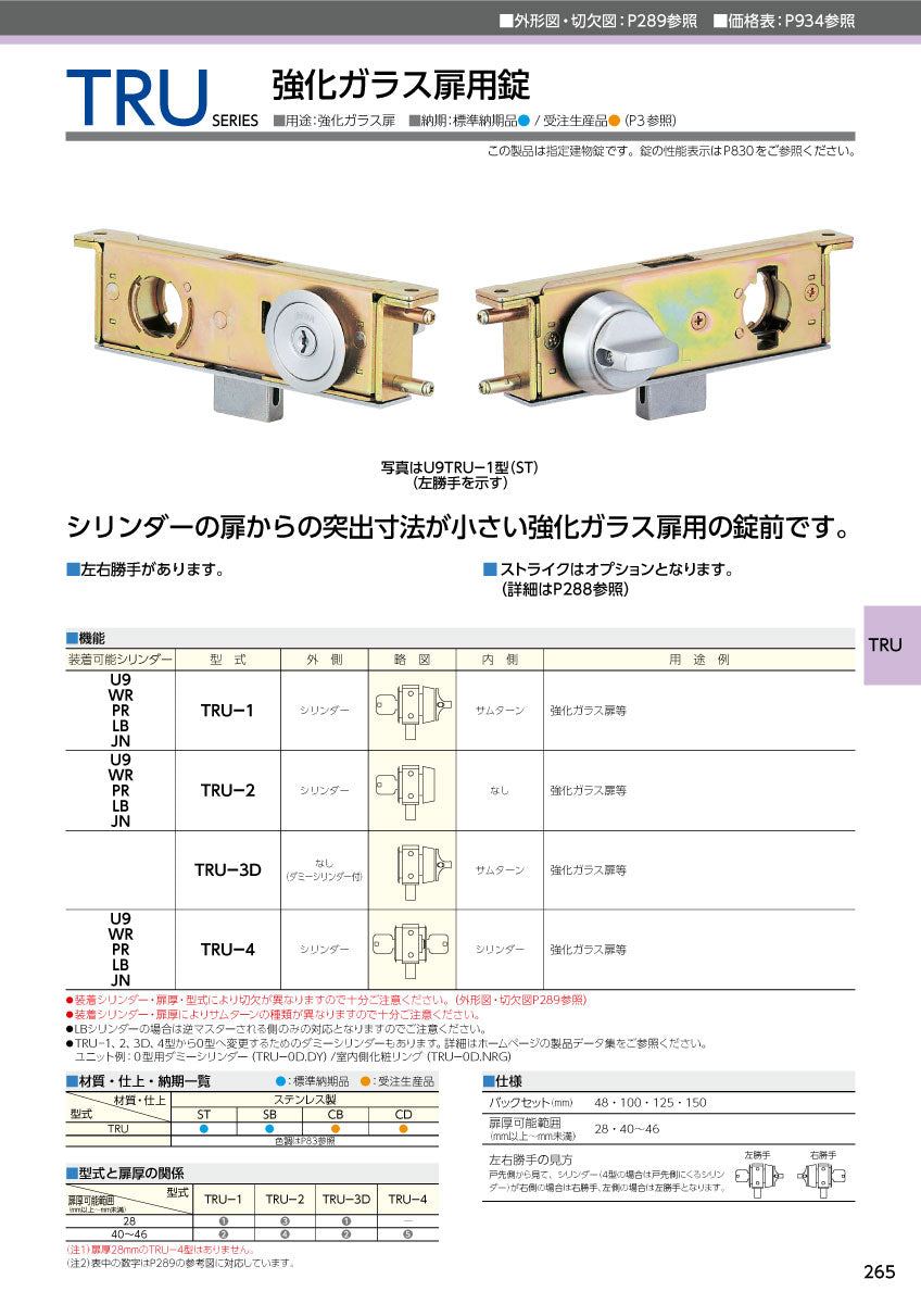 美和ロック（MIWA） 強化ガラス扉用錠 TRUシリーズ