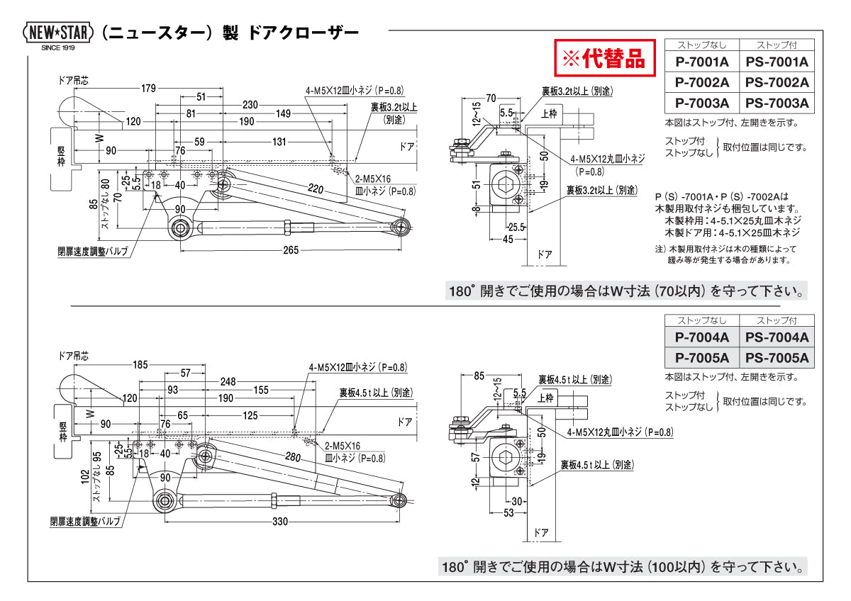 ニッカナ・ダイハツディーゼル 廃番ドアクローザー 131P-Aの代替品 → 「ニュースター PS-7001A」【ストップ付き, パラレル取付型, 30シリーズ, NHN, DAIHATSU】