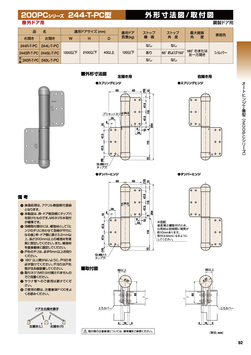 244R-T-PC / 244L-T-PC｜オートヒンジ丁番型（オート丁番）｜日東工器