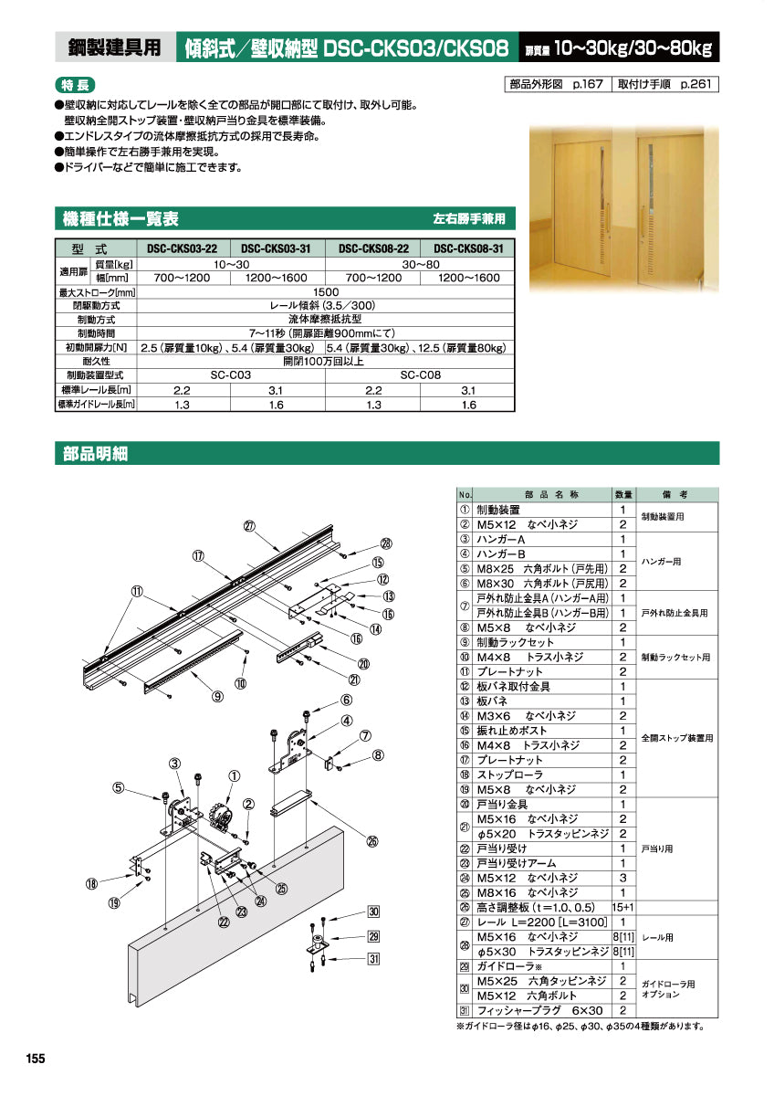 日東工器 スライディングクローザー DSC-CKS03（製品一式） 【扉重量：10～30kg用, 傾斜式, 鋼製建具用, 壁収納型, 引き戸クローザー, NITTO KOHKI】