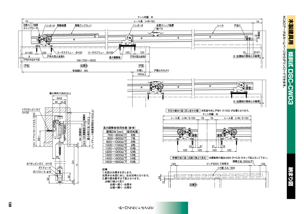 日東工器 スライディングクローザー DSC-CW03（製品一式） 【扉重量：10～30kg, 傾斜式, 木製建具用, 引き戸クローザー, NITTO KOHKI】