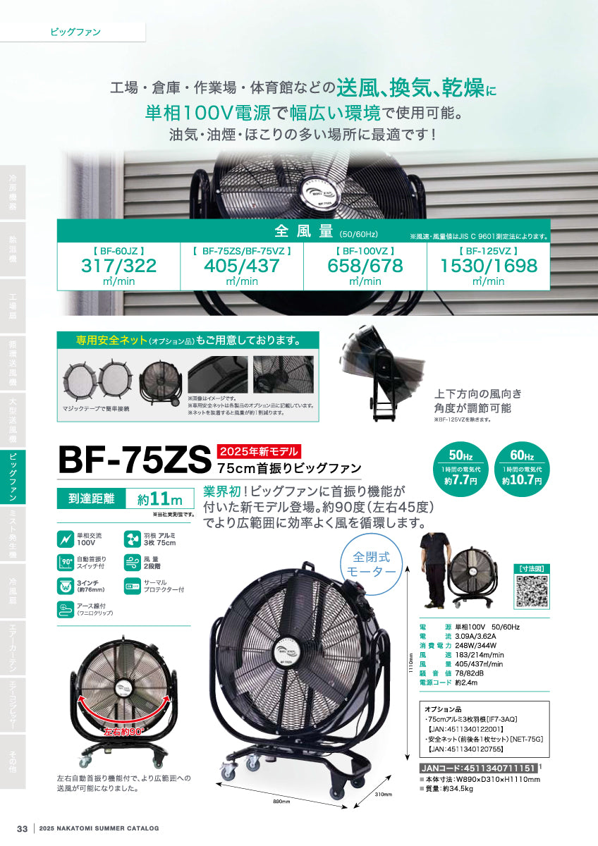 ナカトミ 大型工場扇 BF-75ZS【ハネ径 75cm, 大型扇風機, ビッグファン, NAKATOMI】