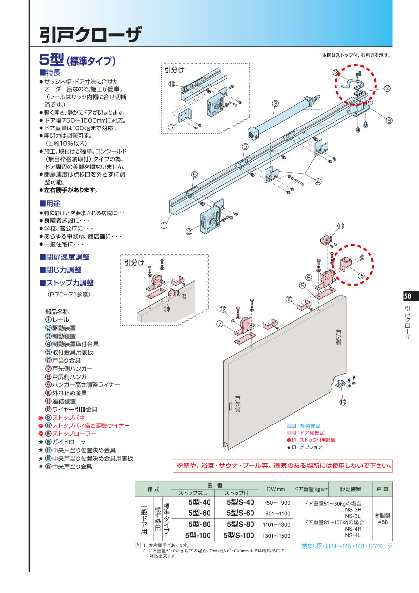 5型・標準枠用 ストップ装置｜引戸クローザー用部品｜ニュースター 