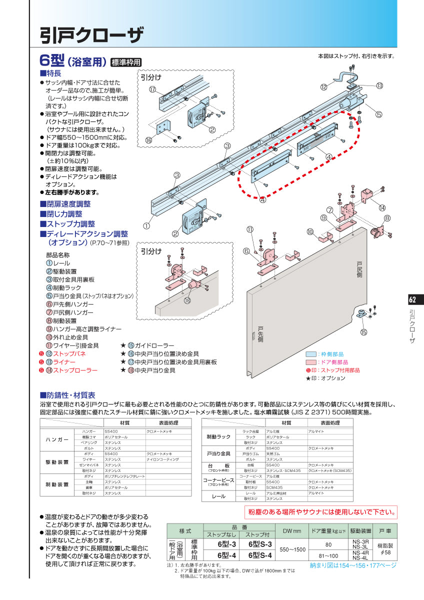 ニュースター 6型（浴室用）・標準枠用 制動ラック 【引戸クローザーメンテナンス用部品・パーツ, NEWSTAR】