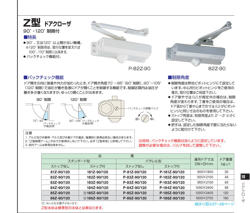 日本ドアチェック製造 ニュースター Z型ドアクローザ パラレル型 ストップ付 90°制限P-183Z-90／120°制限P-183Z-120 ドア重量65kg以下 950×2100 - 3