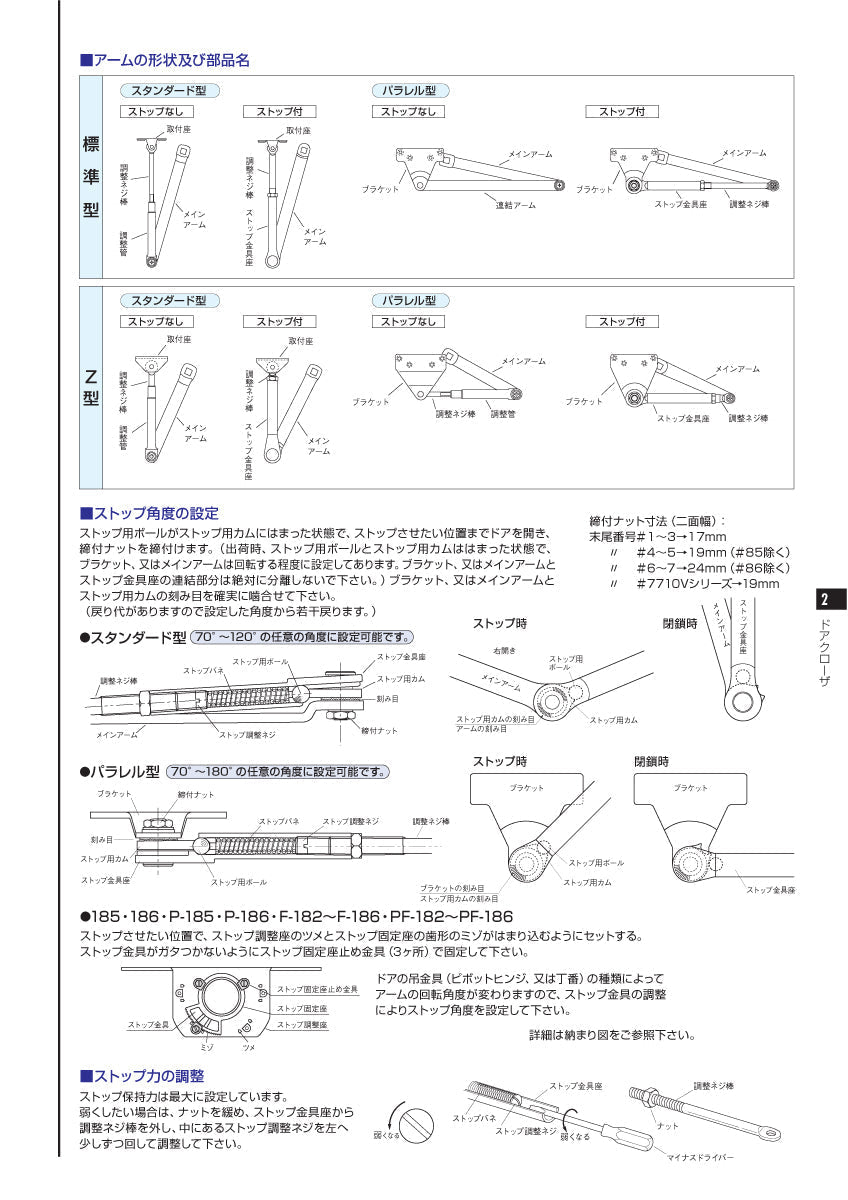 日本ドアチェック製造 ニュースター Z型ドアクローザ スタンダード型 ストップ付 90°制限185Z-90／120°制限185Z-120 ドア重量120kg以下 1200×2400 - 3
