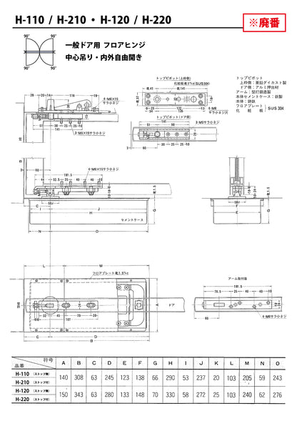 ニュースター 廃番フロアヒンジ H-210用 埋替品（斫り替え品） HS-511Z ※4mmアームライナー付き【ストップ付き, 自由開き, 中心吊り, 一般ドア用, 200・300シリーズ, NEWSTAR】