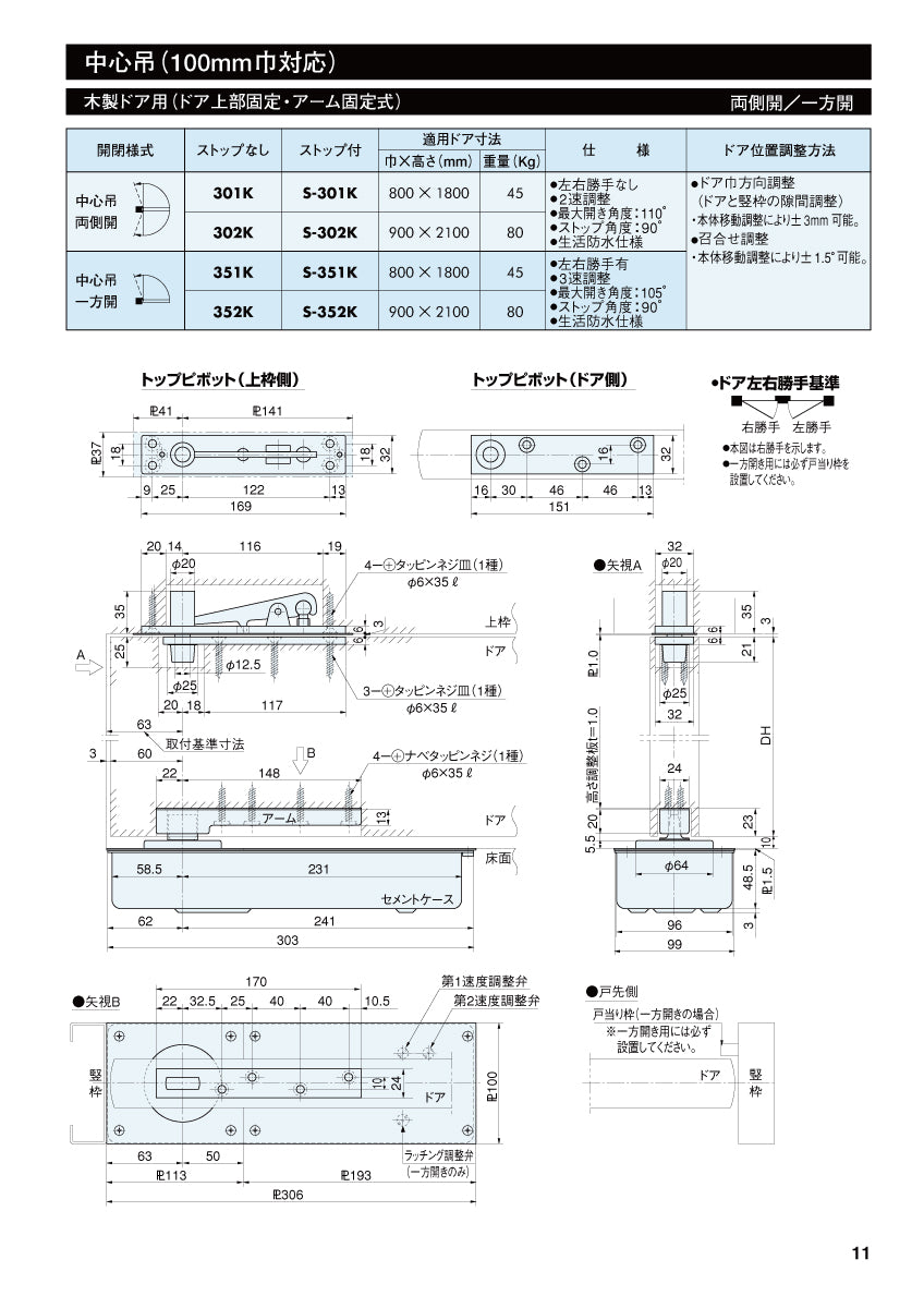 リョービ フロアヒンジ S-302K 【ストップ付き , 中心吊り, 両側開き, 木製ドア用, RYOBI】