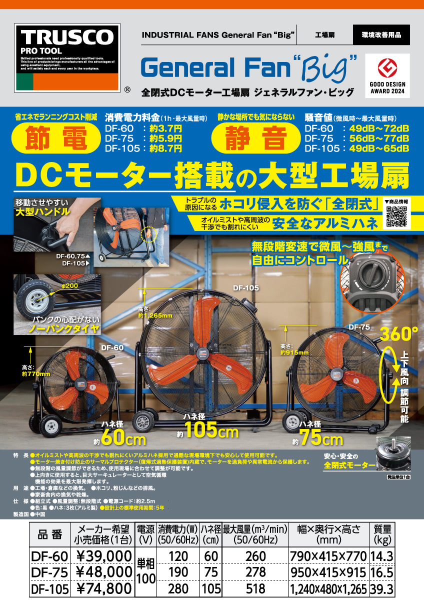 トラスコ中山 大型工場扇 DF-60【ハネ径 60cm, 全閉式DCモーター, ジェネラルファン・ビッグ,大型扇風機, ビッグファン, TRUSCO】
