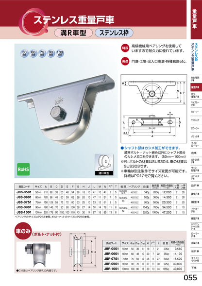 ヨコヅナ ステンレス重量戸車 JBS-0901 【90mm, 溝R車型, ステンレス枠】