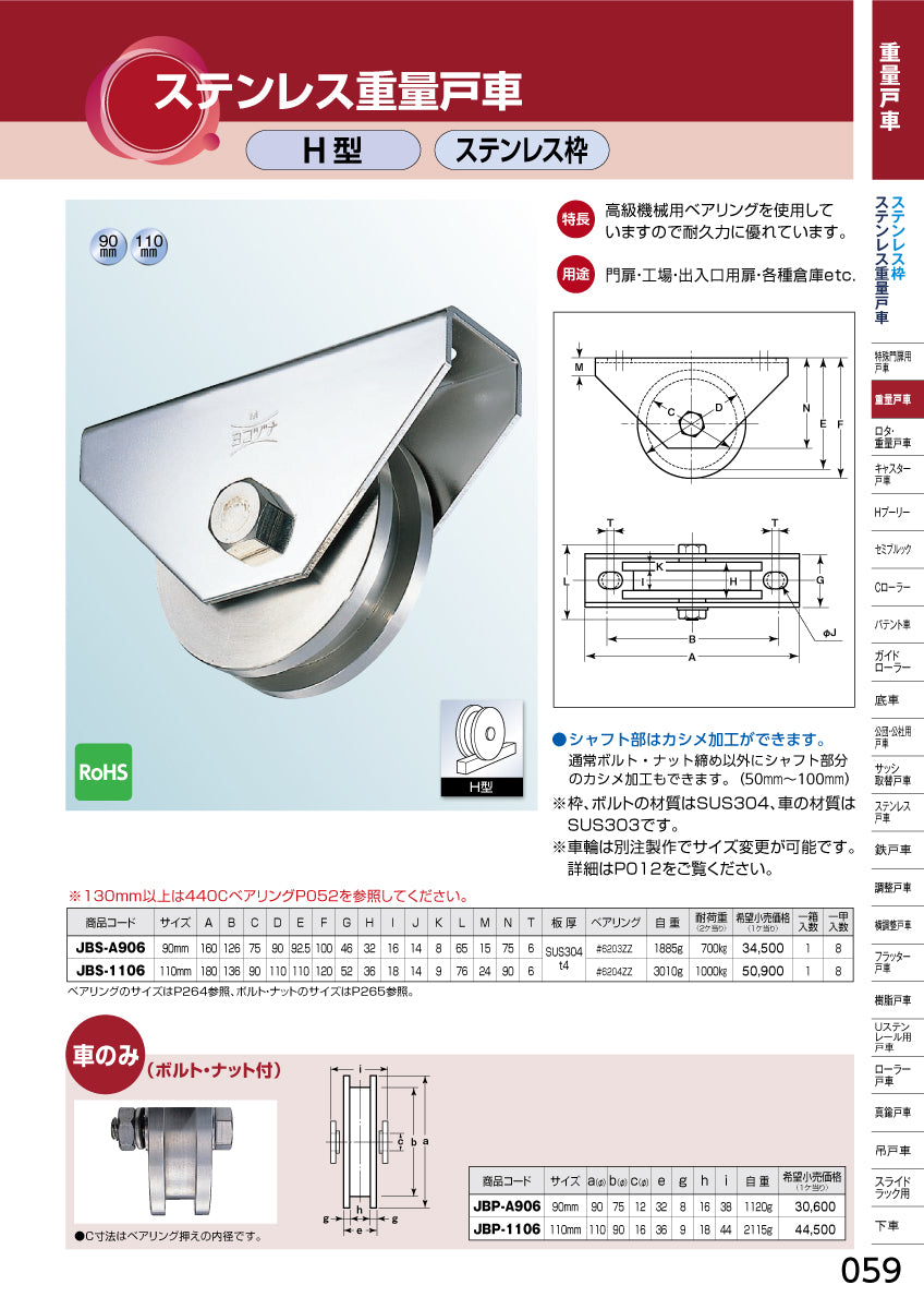 ヨコヅナ ステンレス重量戸車 JBS-A906 【90mm, H型, ステンレス枠】