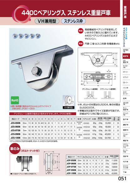 ヨコヅナ 440Cベアリング入 ステンレス重量戸車 JCS-0756 【75mm, VH兼用型, ステンレス枠】